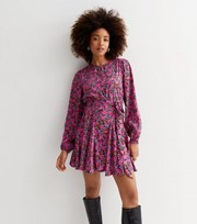 New Look Pink Floral Round Neck Long Sleeve Mini Dress